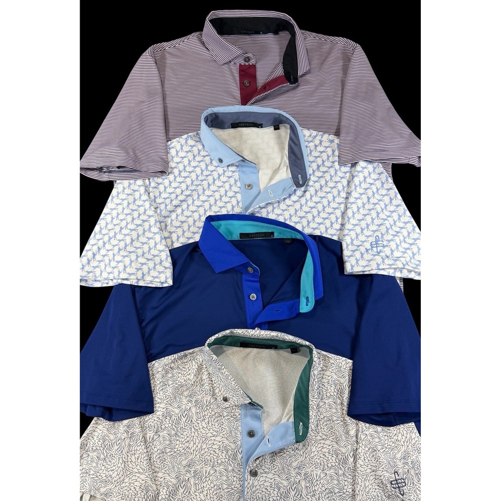 Lot of 4 Greyson Golf Polo Shirts Striped Wolf Pattern Print Stretch Size Medium